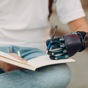 a person sitting down with a book and a pen in their hand.